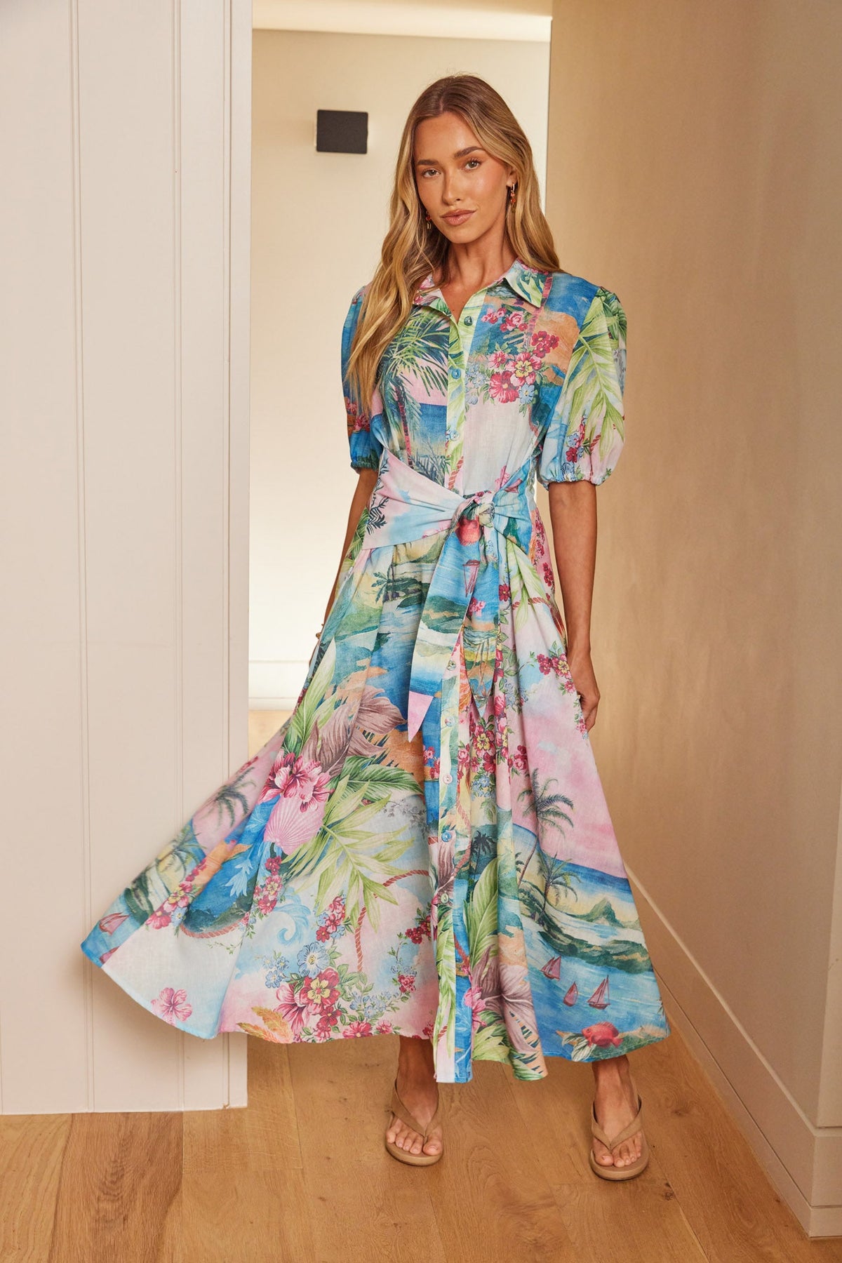 Bella Maxi Shirt Dress in Pink Multi Island Print