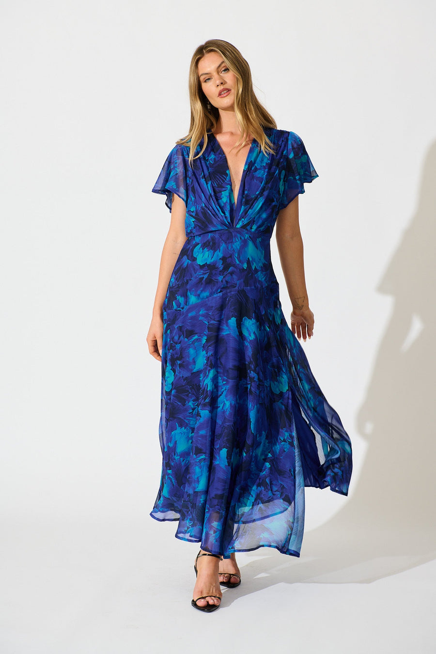 Whisper Lily Maxi Dress in Blue Watercolour Chiffon
