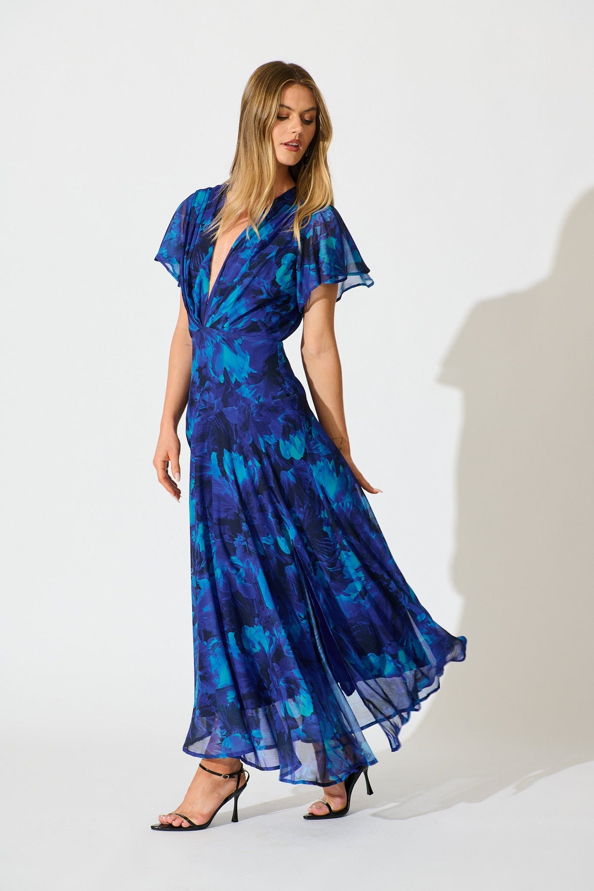 Whisper Lily Maxi Dress in Blue Watercolour Chiffon
