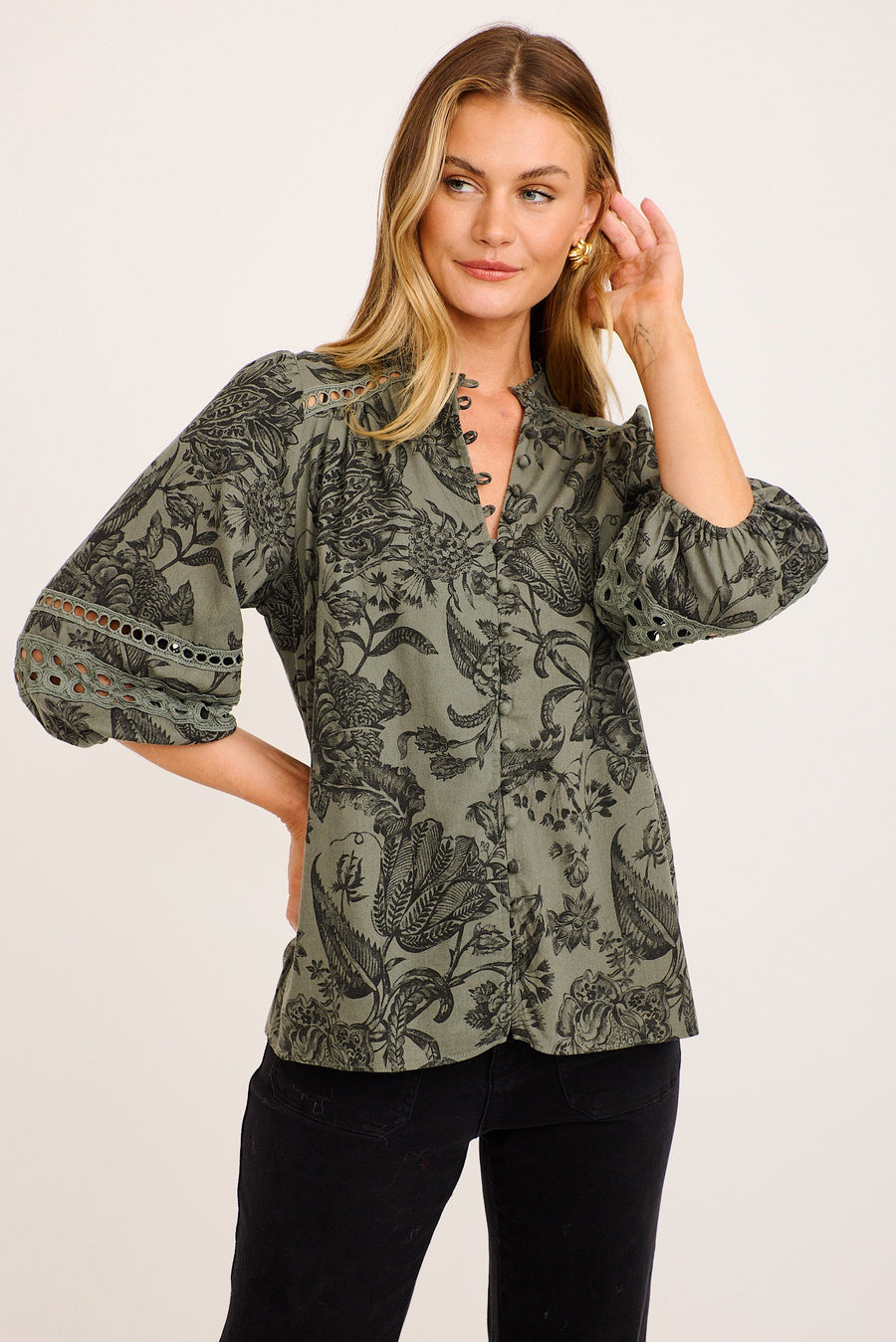 Cascades Top in Green with Black Leaf Cotton Linen
