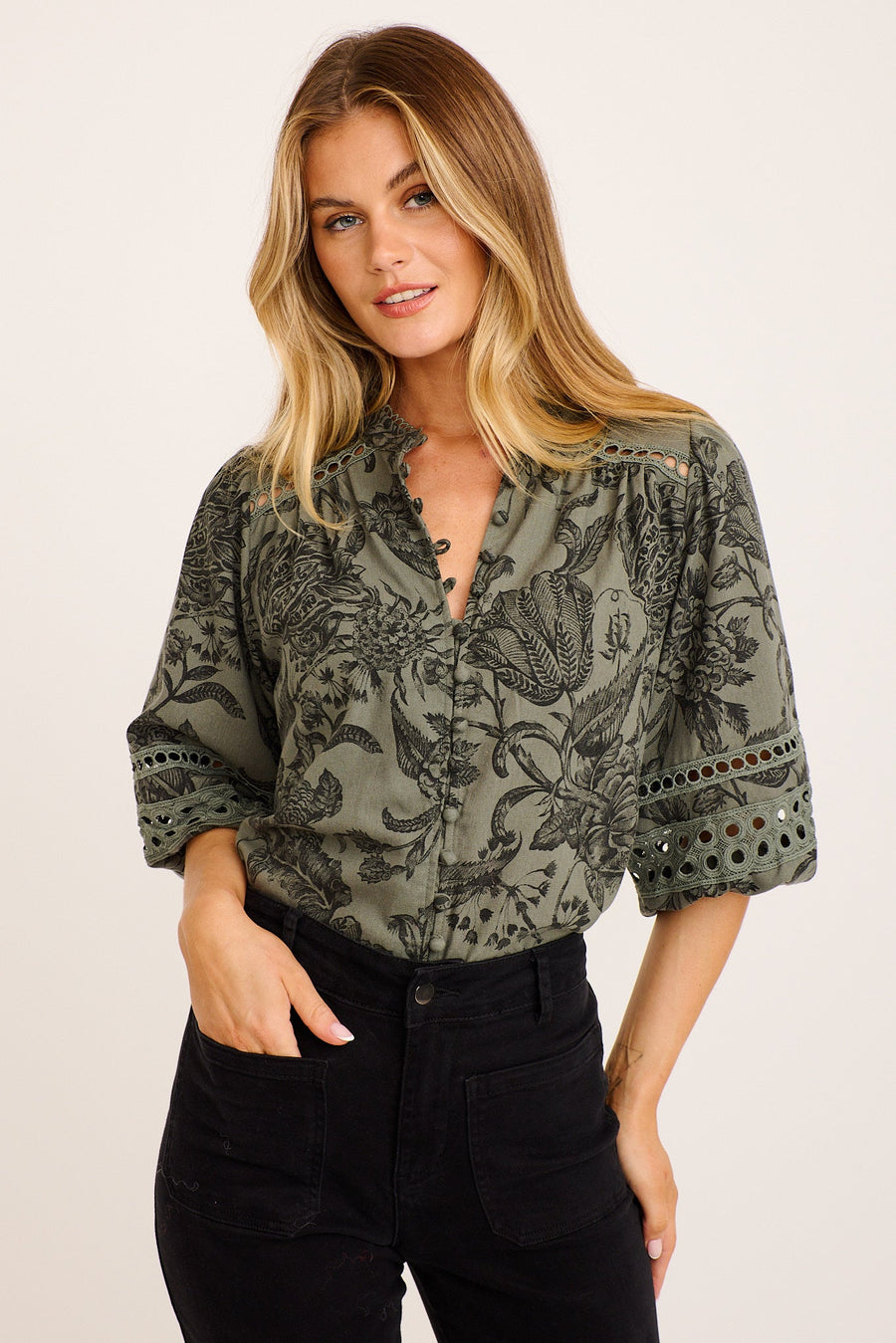 Cascades Top in Green with Black Leaf Cotton Linen