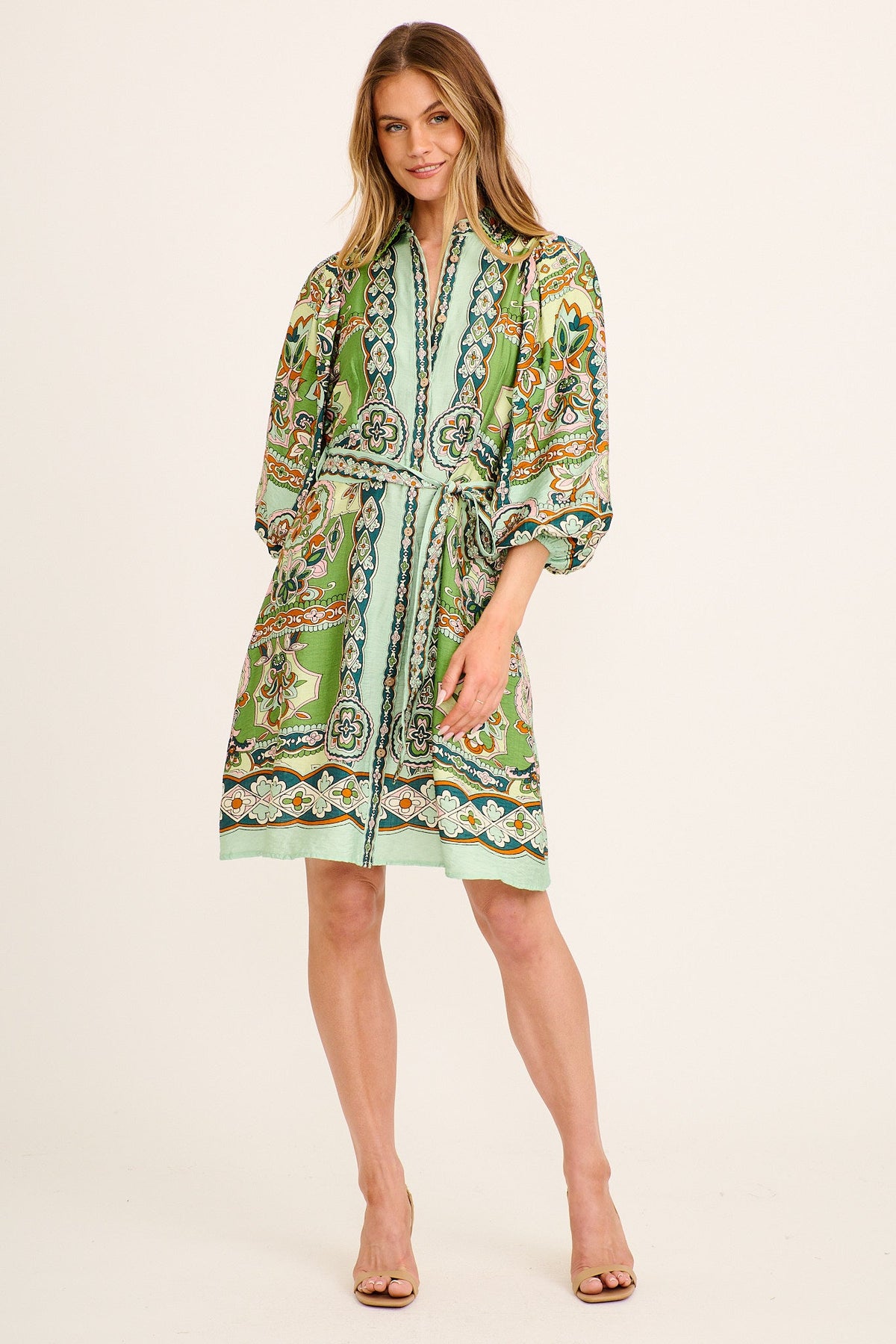 Risa Shirt Dress in Green Multi Print