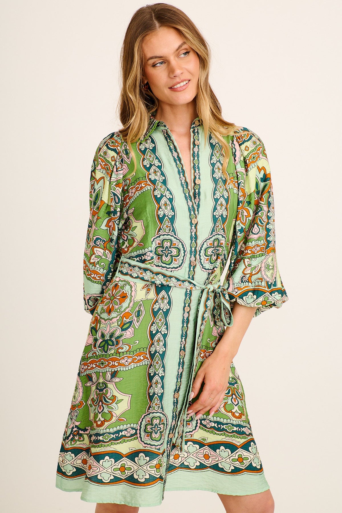 Risa Shirt Dress in Green Multi Print