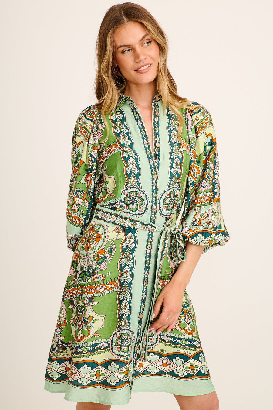 Risa Shirt Dress in Green Multi Print