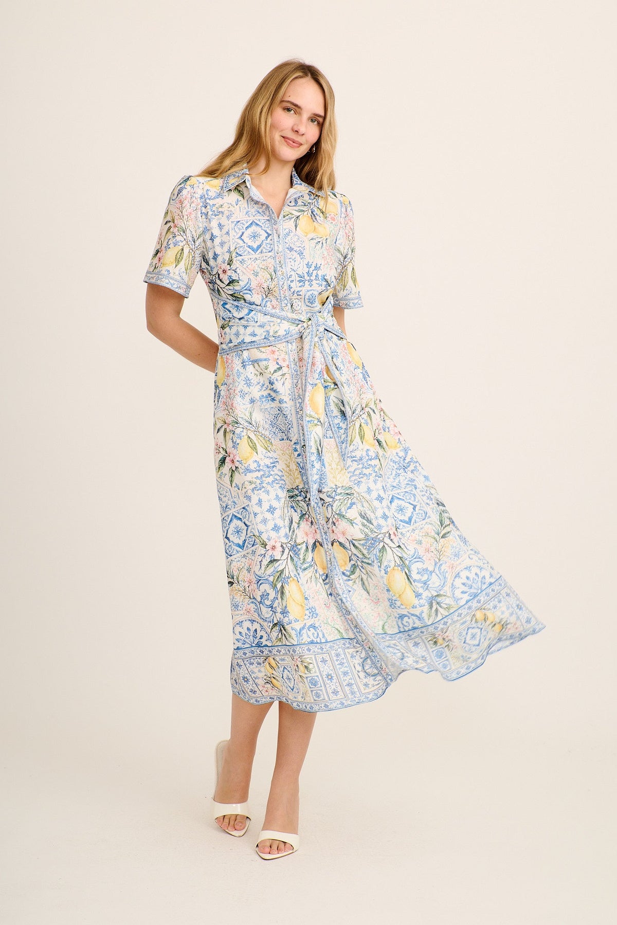 Capri Citrus Maxi Shirt Dress in Blue with Lemon Linen Blend
