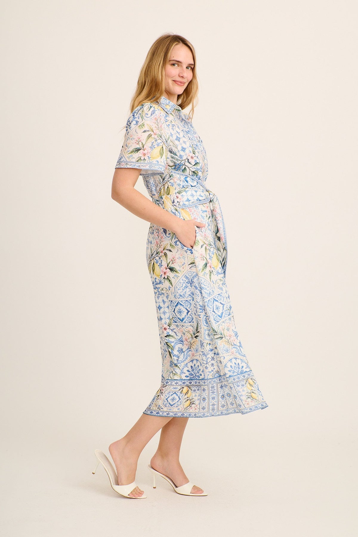 Capri Citrus Maxi Shirt Dress in Blue with Lemon Linen Blend