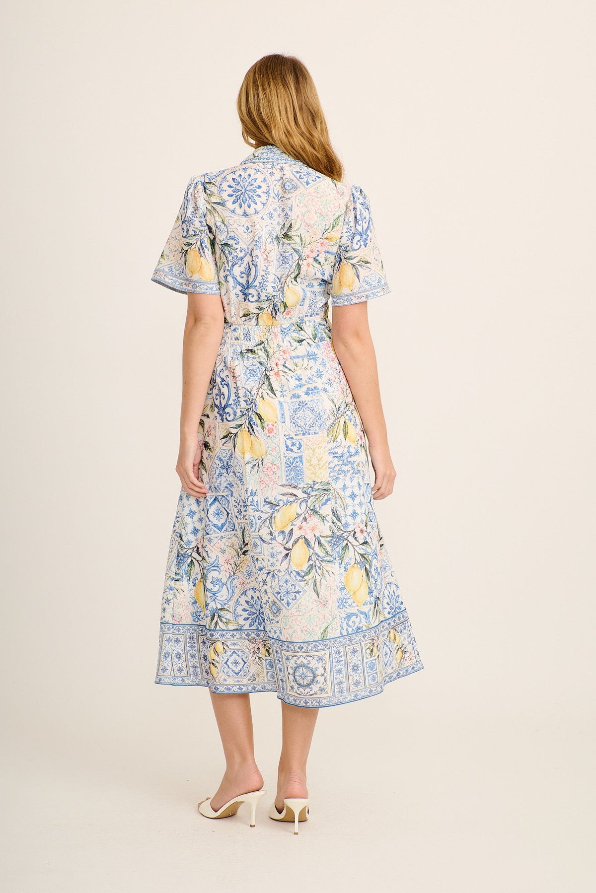 Capri Citrus Maxi Shirt Dress in Blue with Lemon Linen Blend