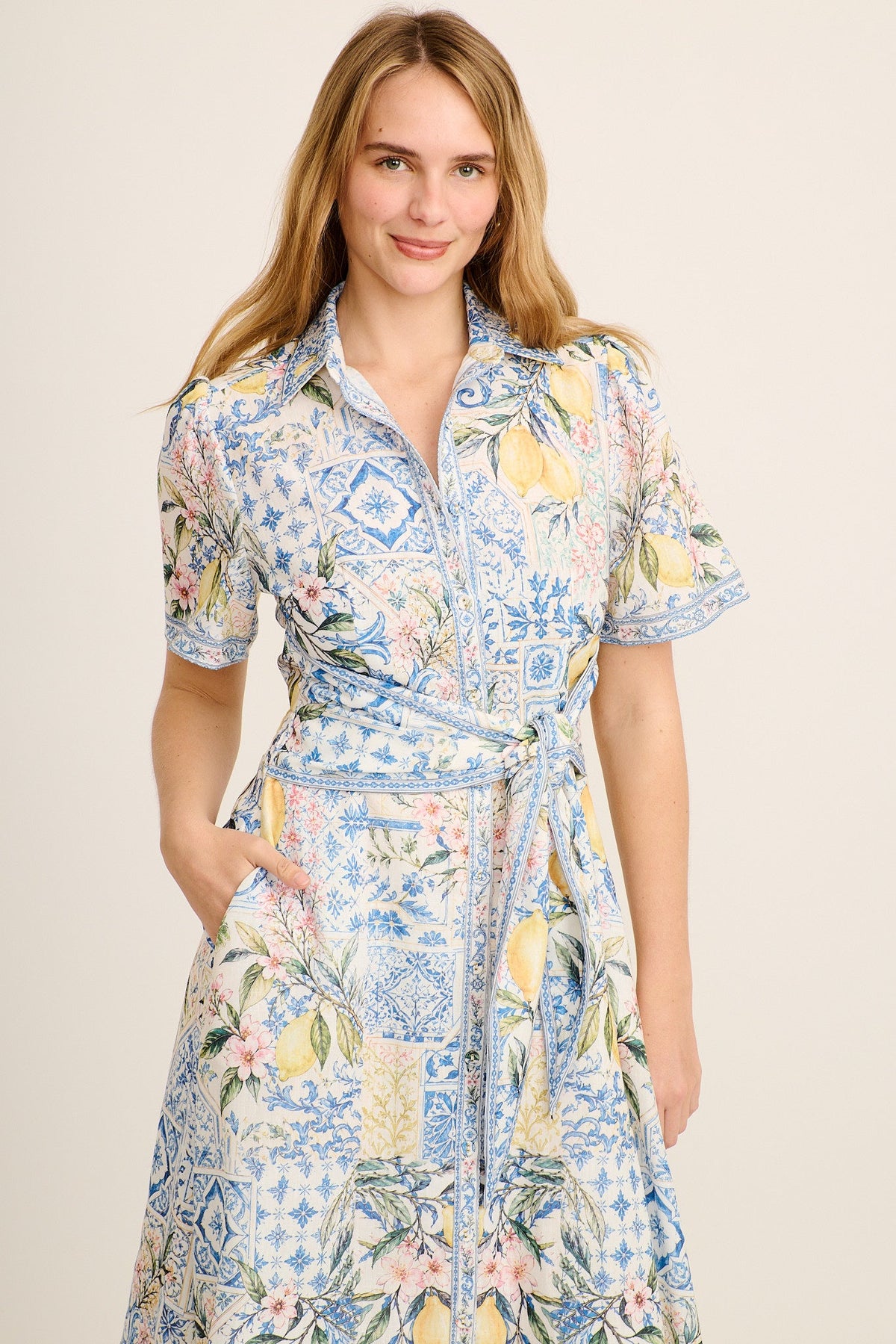 Capri Citrus Maxi Shirt Dress in Blue with Lemon Linen Blend