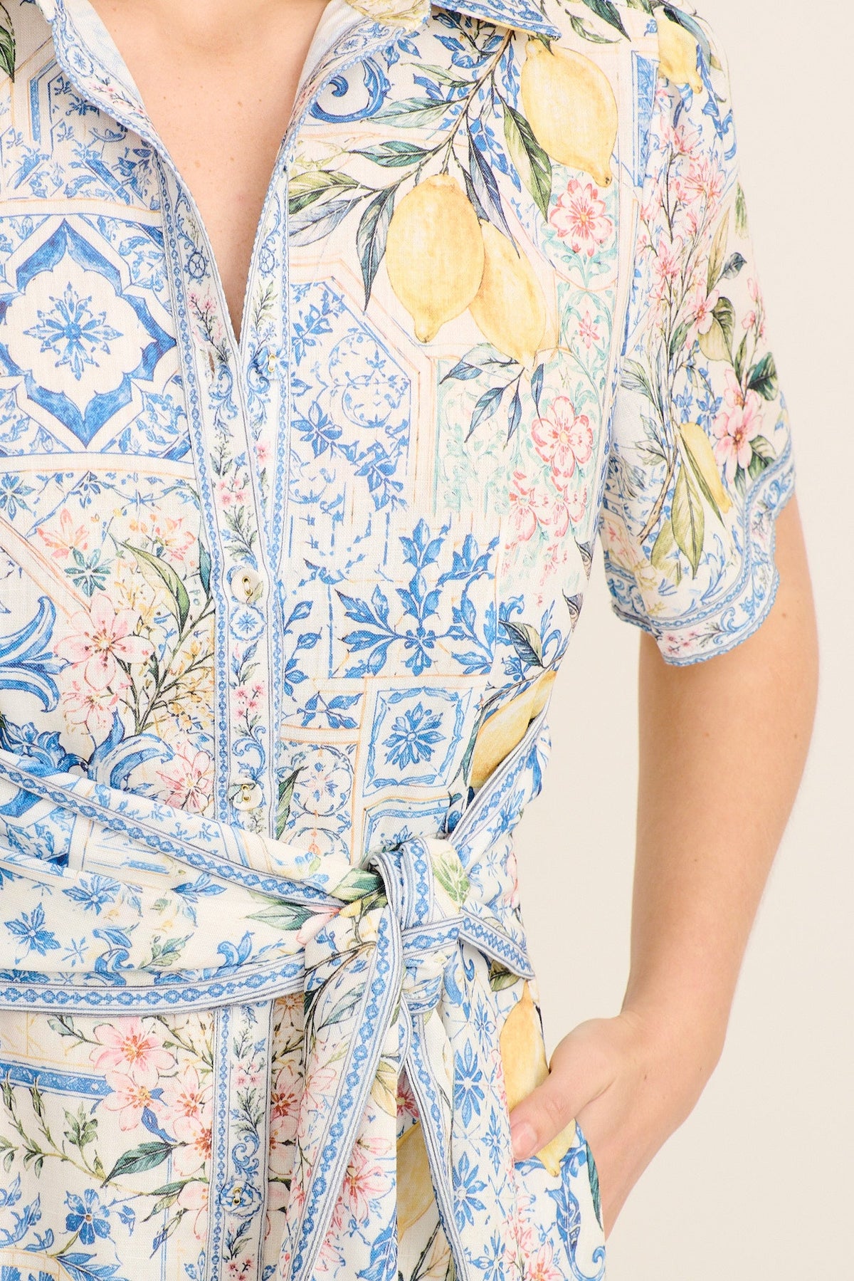 Capri Citrus Maxi Shirt Dress in Blue with Lemon Linen Blend
