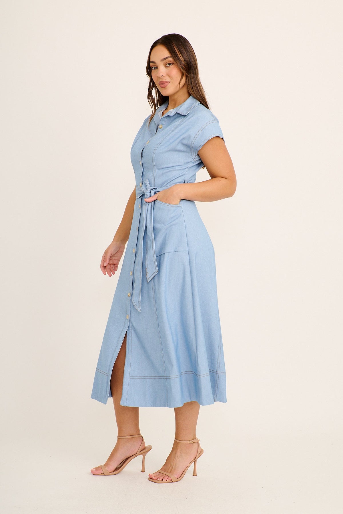 Esmerie Midi Dress in Light Blue Chambray