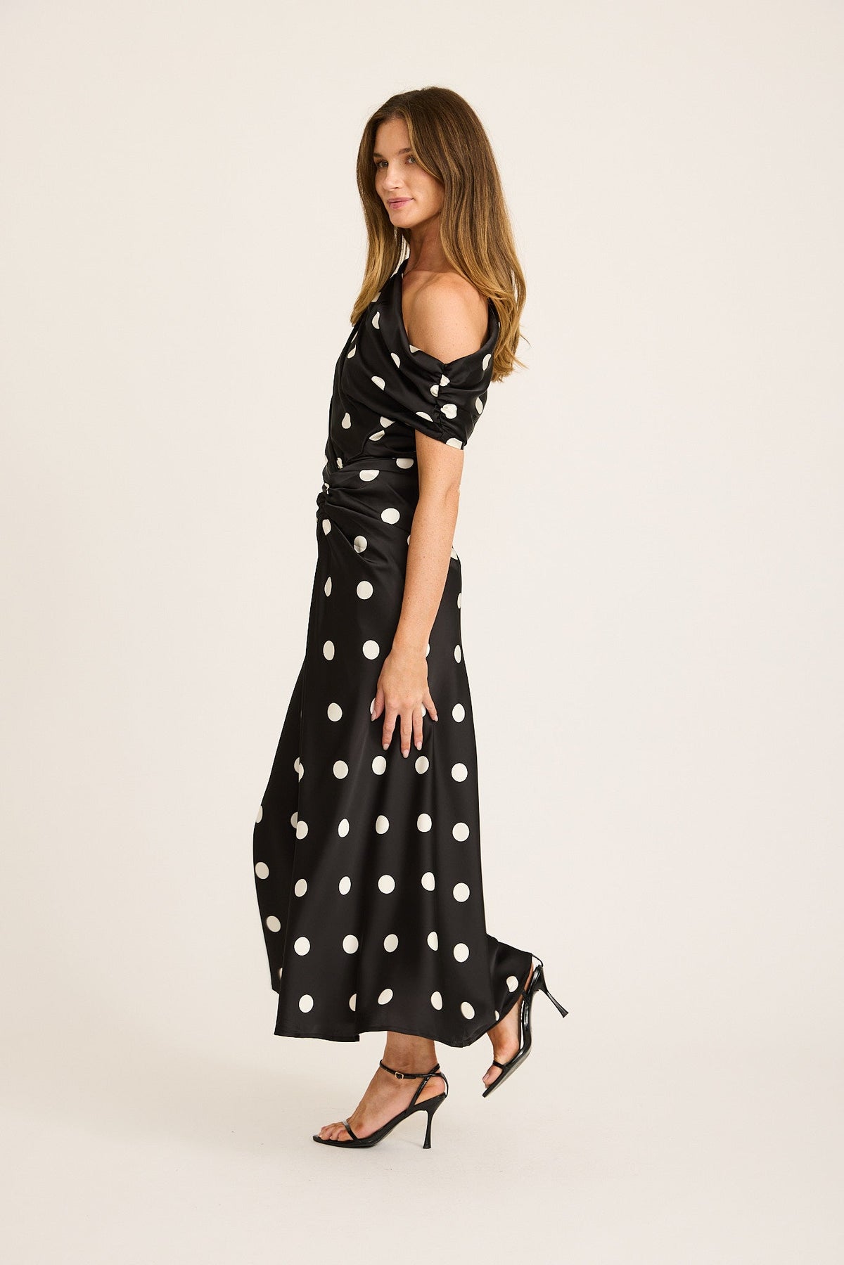 Marielle Off Shoulder Maxi Dress in Black with White Spot