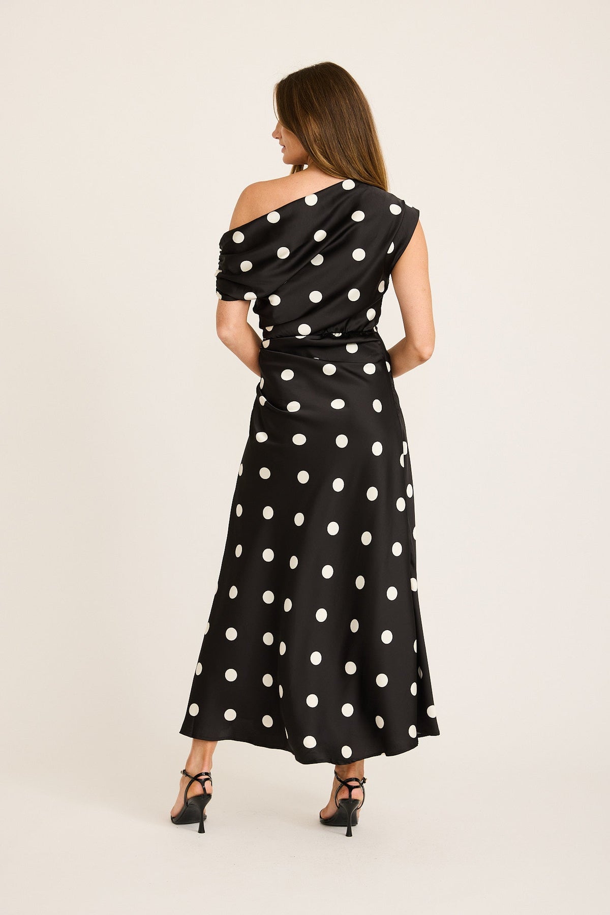 Marielle Off Shoulder Maxi Dress in Black with White Spot