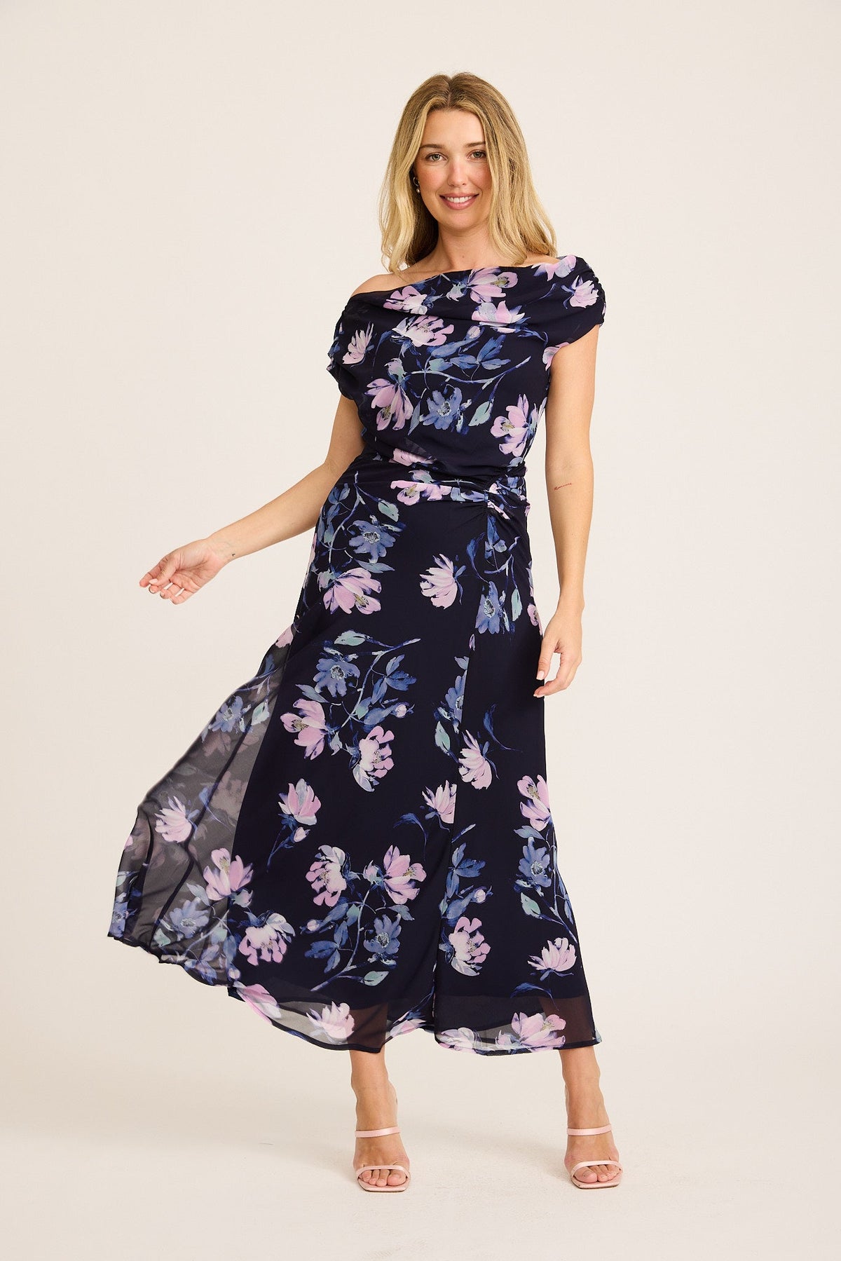 Marielle Off Shoulder Maxi Dress in Navy Floral