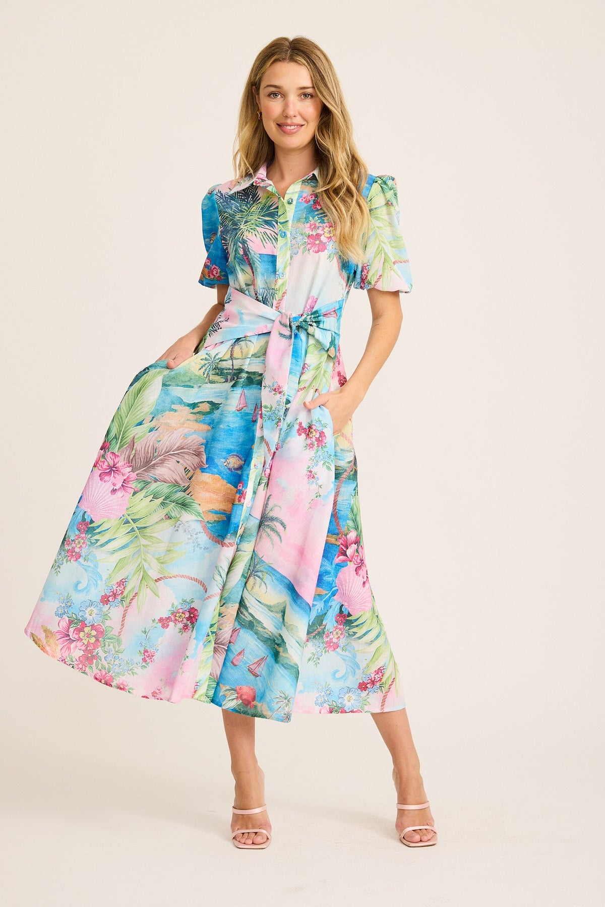 Bella Maxi Shirt Dress in Pink Multi Island Print