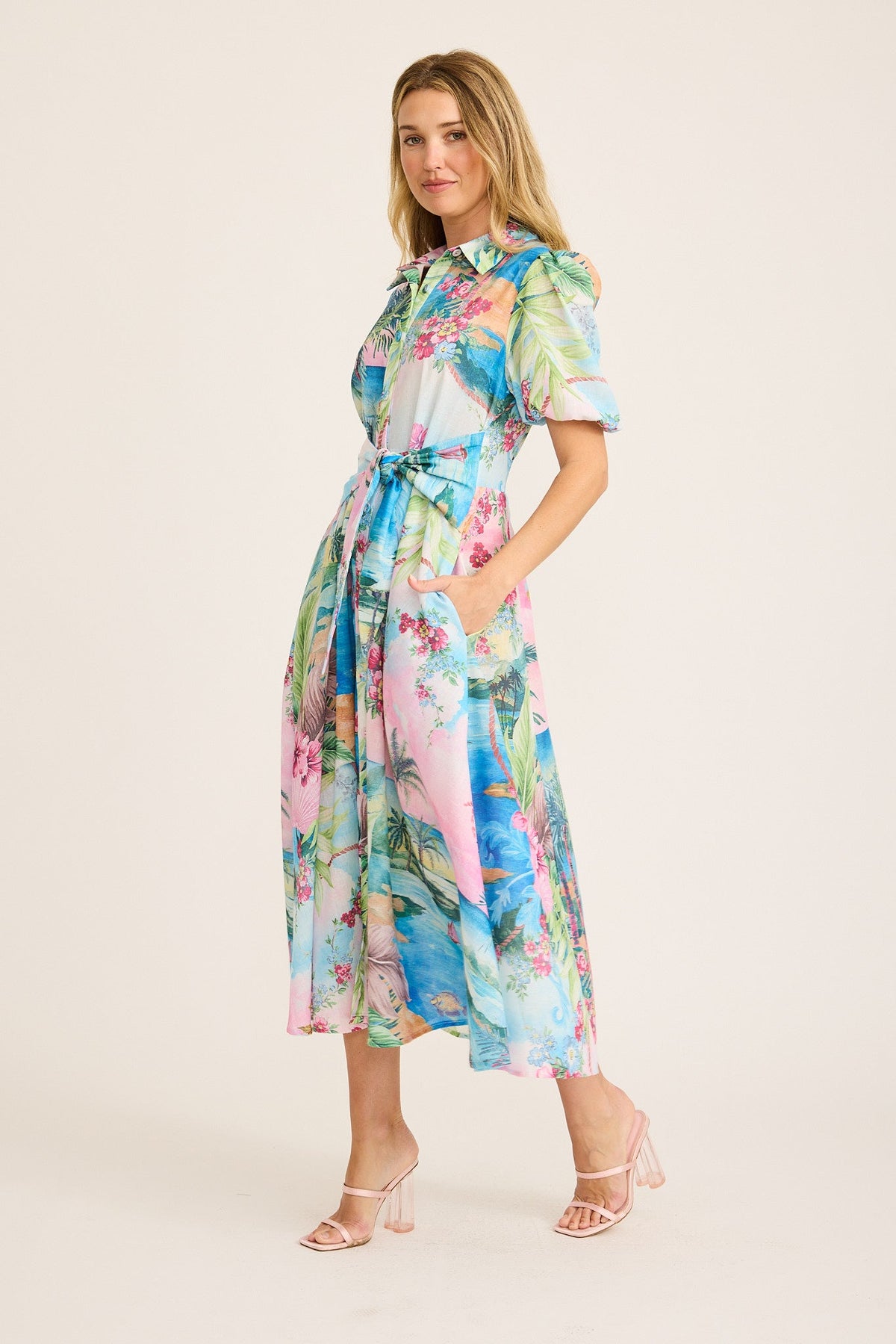 Bella Maxi Shirt Dress in Pink Multi Island Print