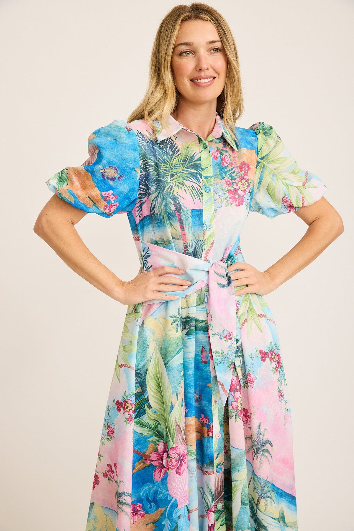 Bella Maxi Shirt Dress in Pink Multi Island Print