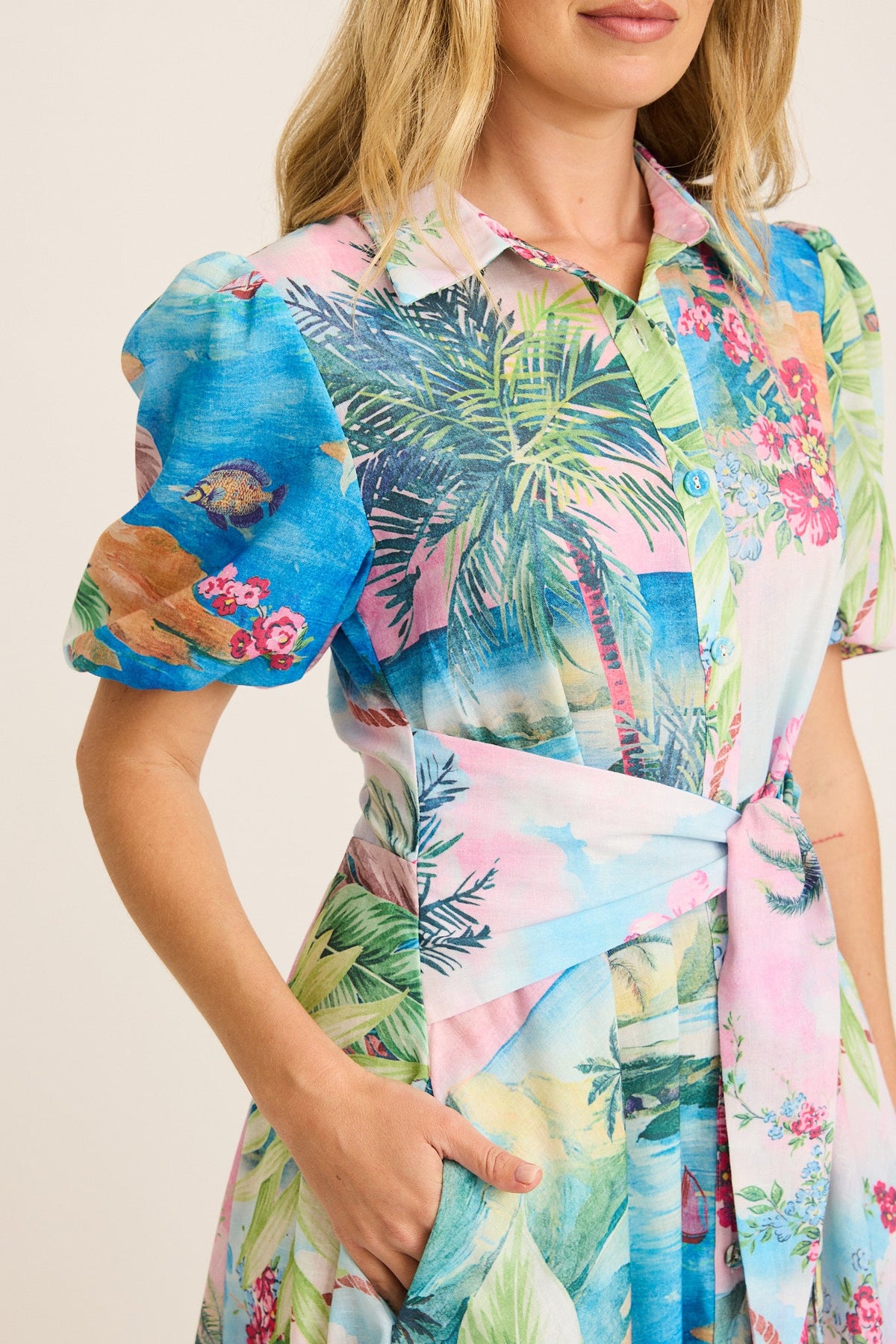 Bella Maxi Shirt Dress in Pink Multi Island Print