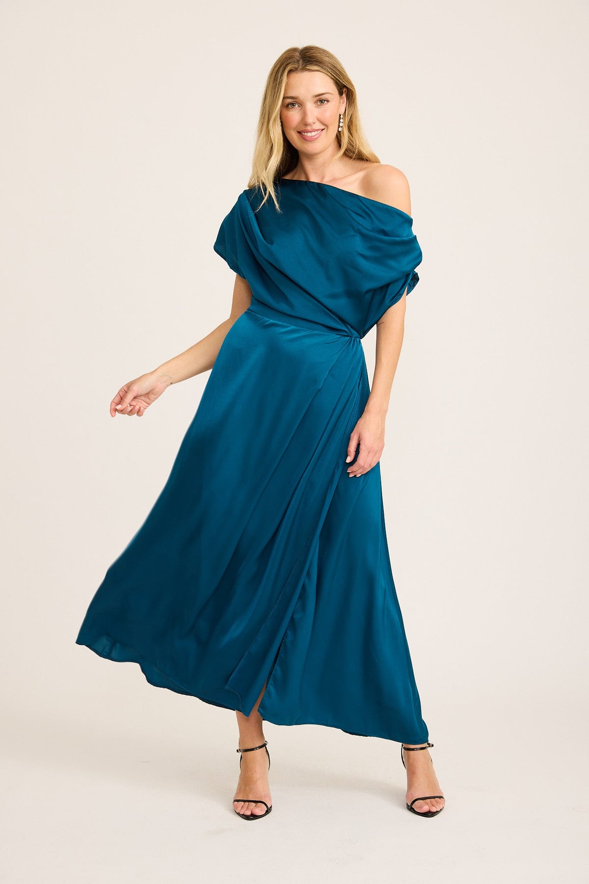Isabelle Maxi Off Shoulder Dress in Teal Satin