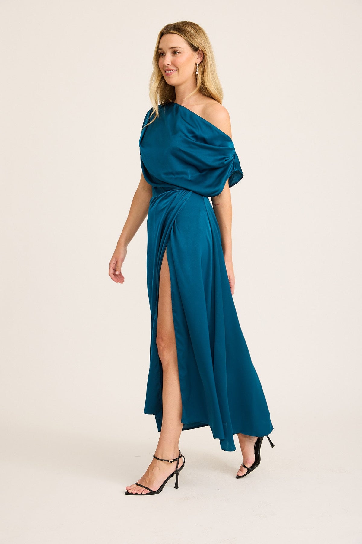 Isabelle Maxi Off Shoulder Dress in Teal Satin
