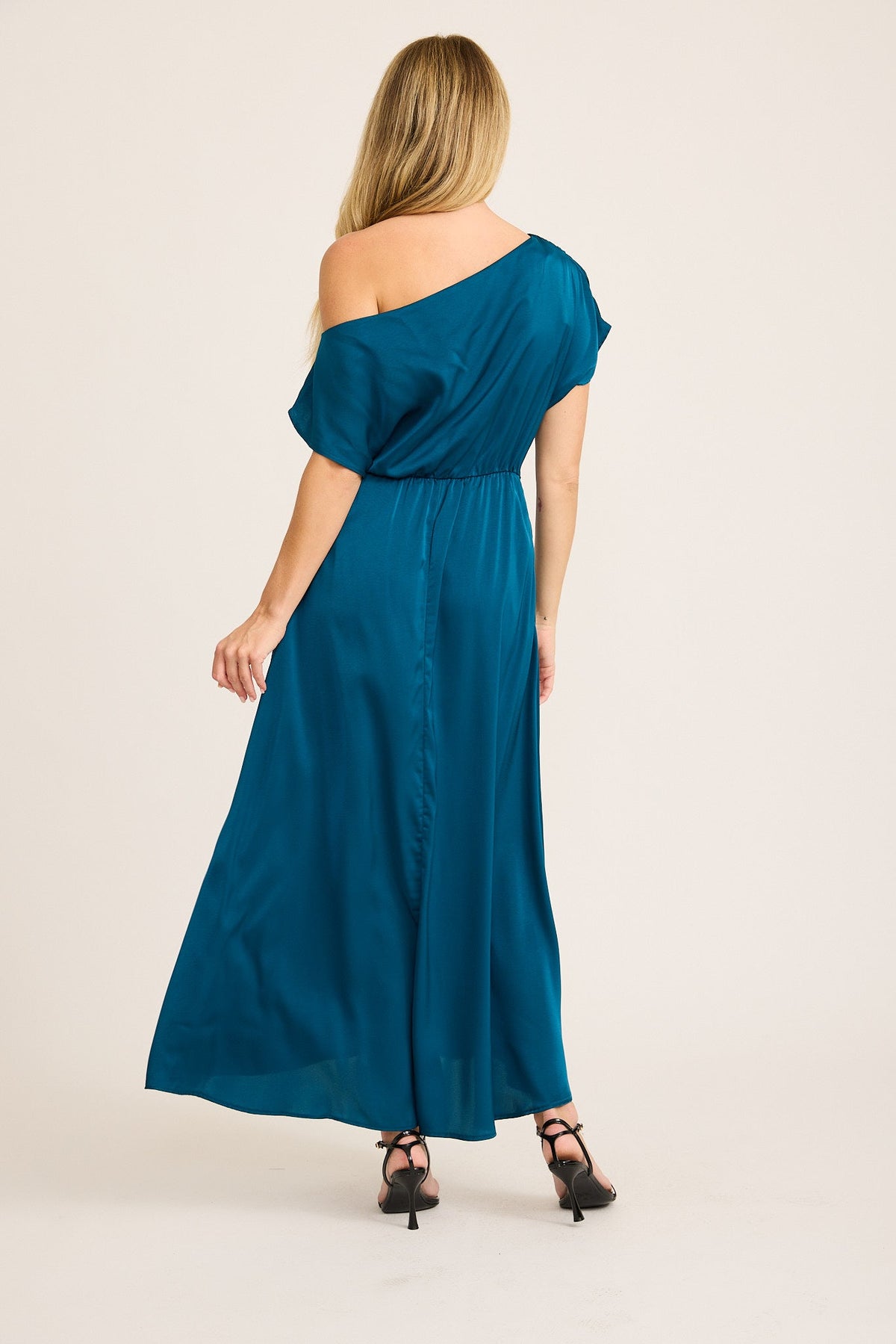 Isabelle Maxi Off Shoulder Dress in Teal Satin
