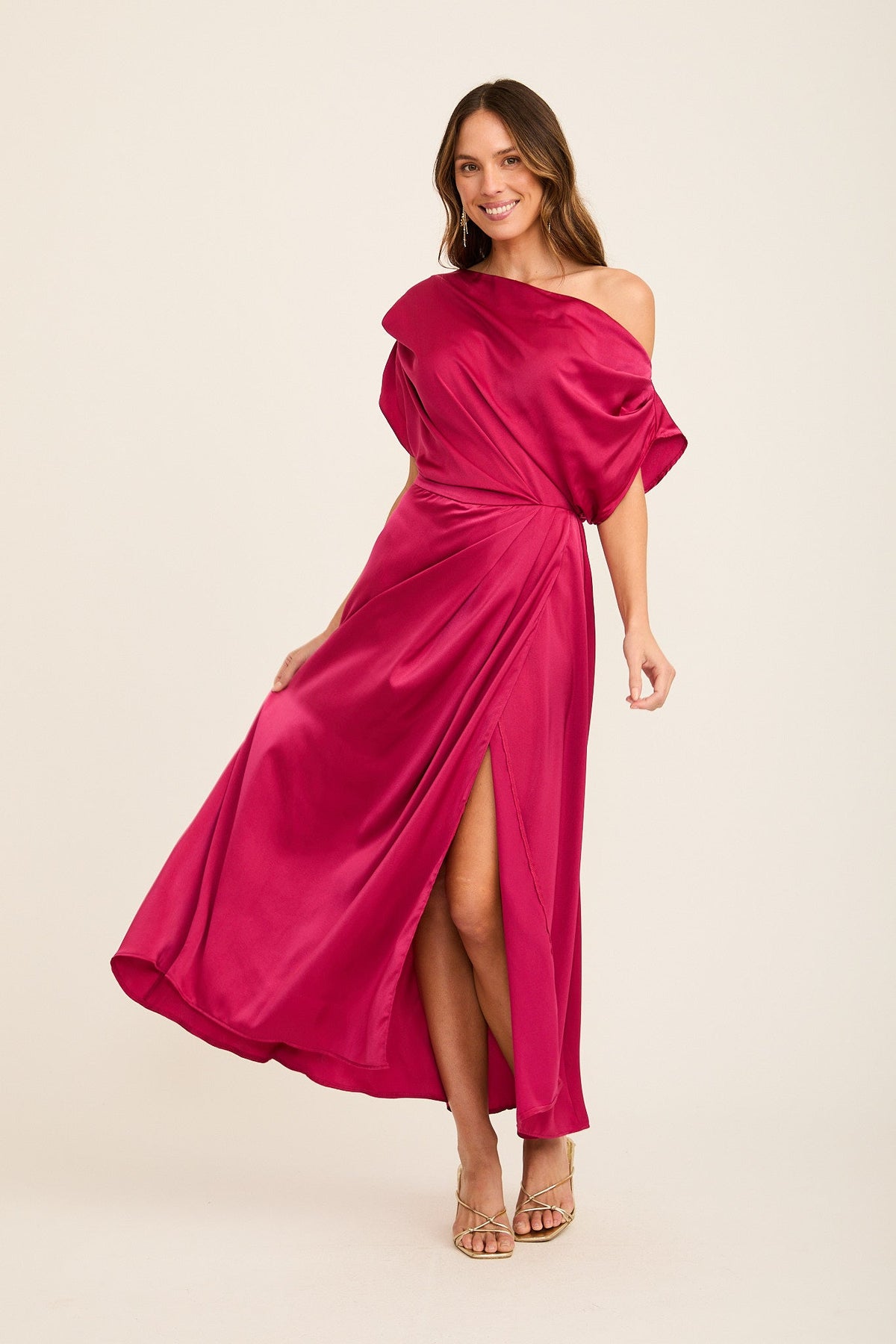 Isabelle Maxi Off Shoulder Dress in Magenta Satin