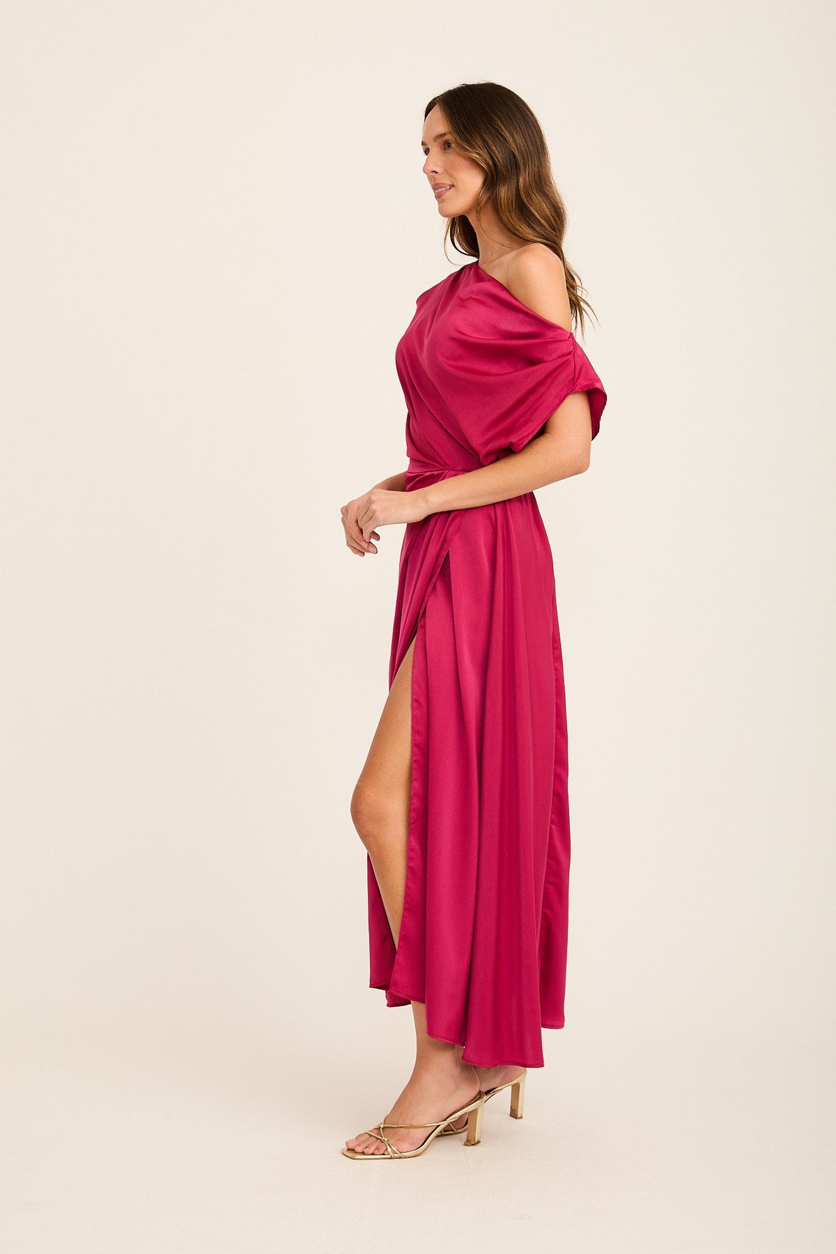 Isabelle Maxi Off Shoulder Dress in Magenta Satin
