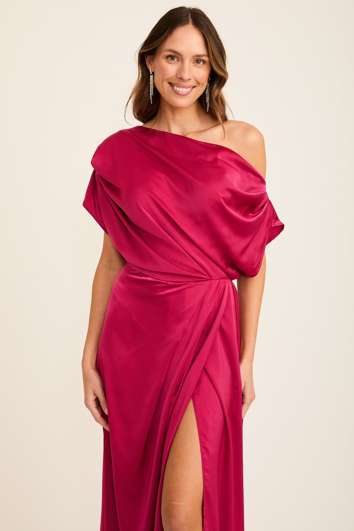 Isabelle Maxi Off Shoulder Dress in Magenta Satin