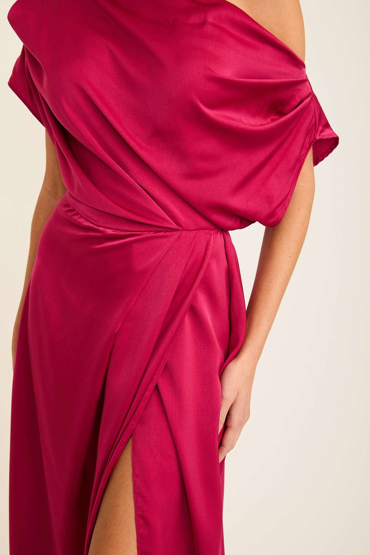 Isabelle Maxi Off Shoulder Dress in Magenta Satin