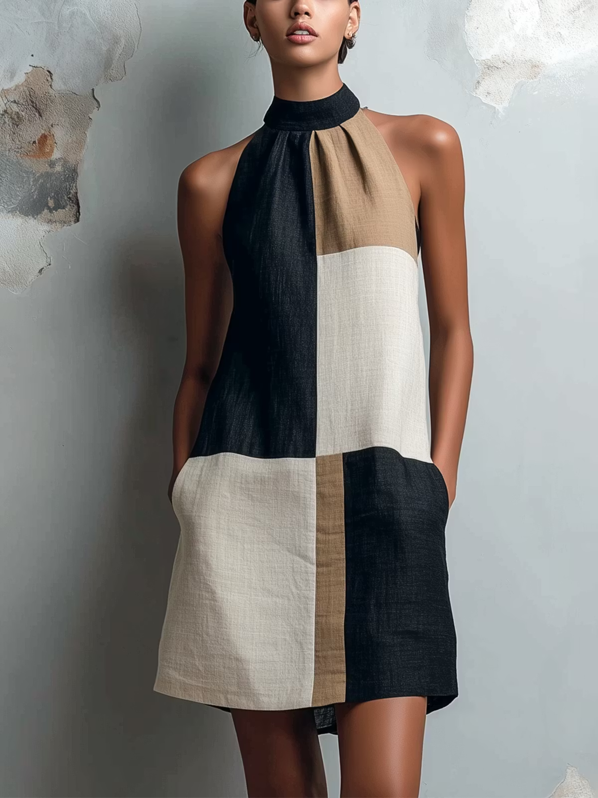 Rowena Modern Colorblock Halter Mini Dress