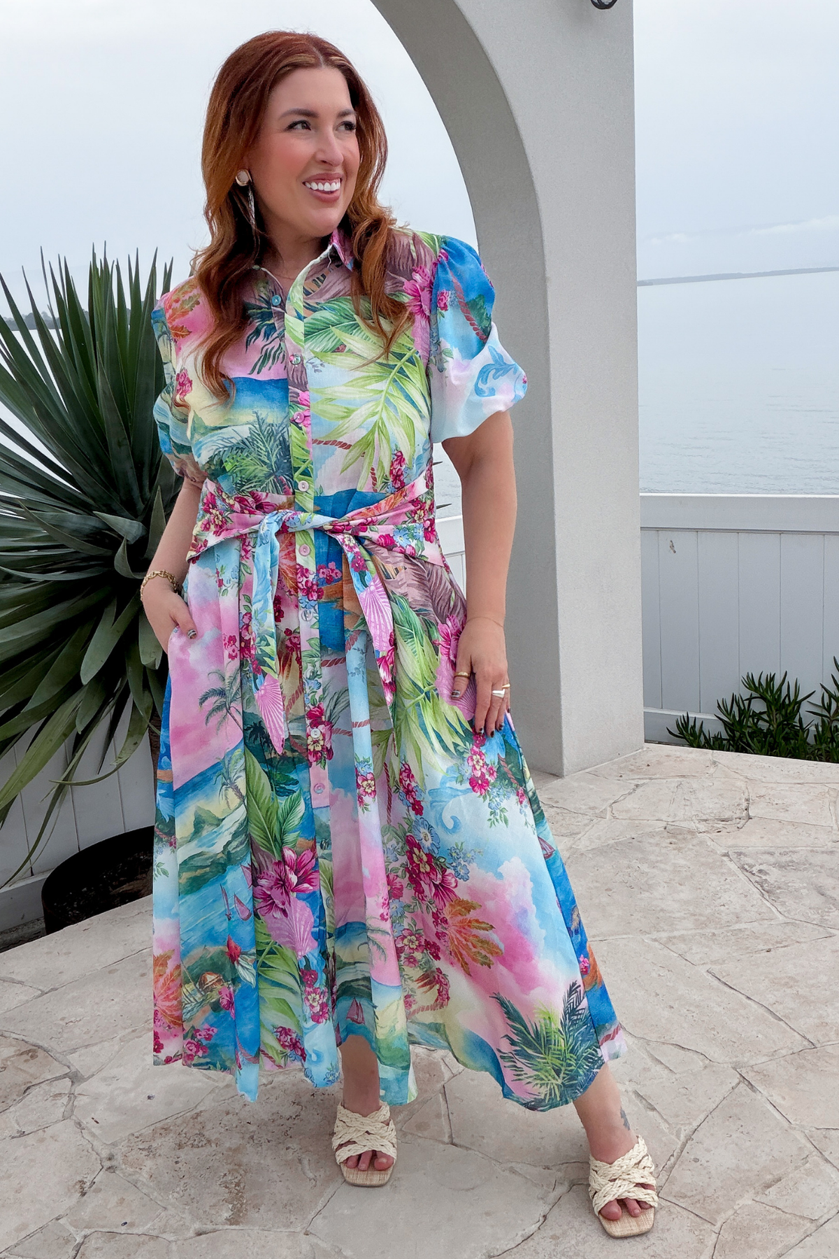 Bella Maxi Shirt Dress in Pink Multi Island Print