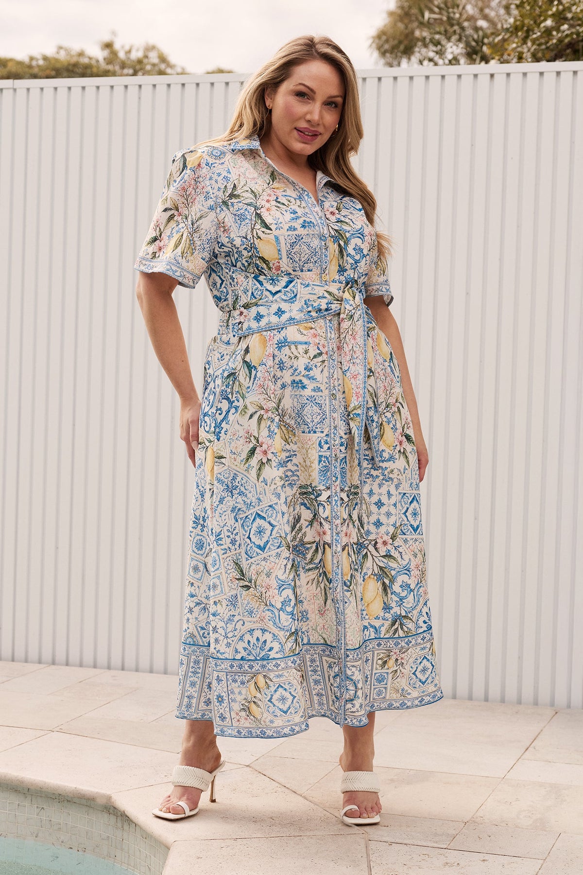 Capri Citrus Maxi Shirt Dress in Blue with Lemon Linen Blend