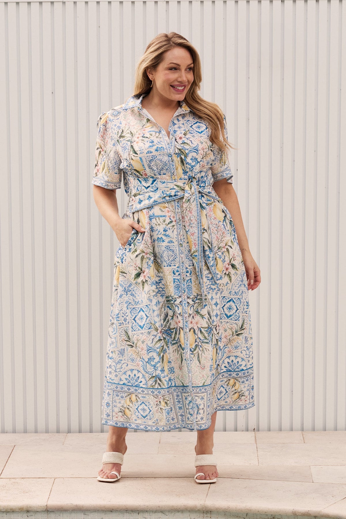 Capri Citrus Maxi Shirt Dress in Blue with Lemon Linen Blend