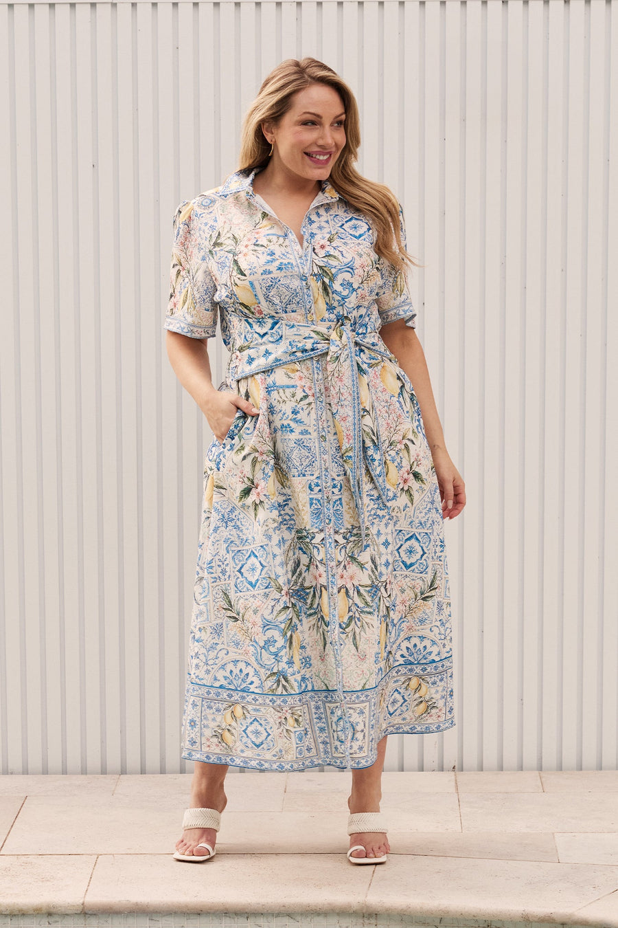 Capri Citrus Maxi Shirt Dress in Blue with Lemon Linen Blend
