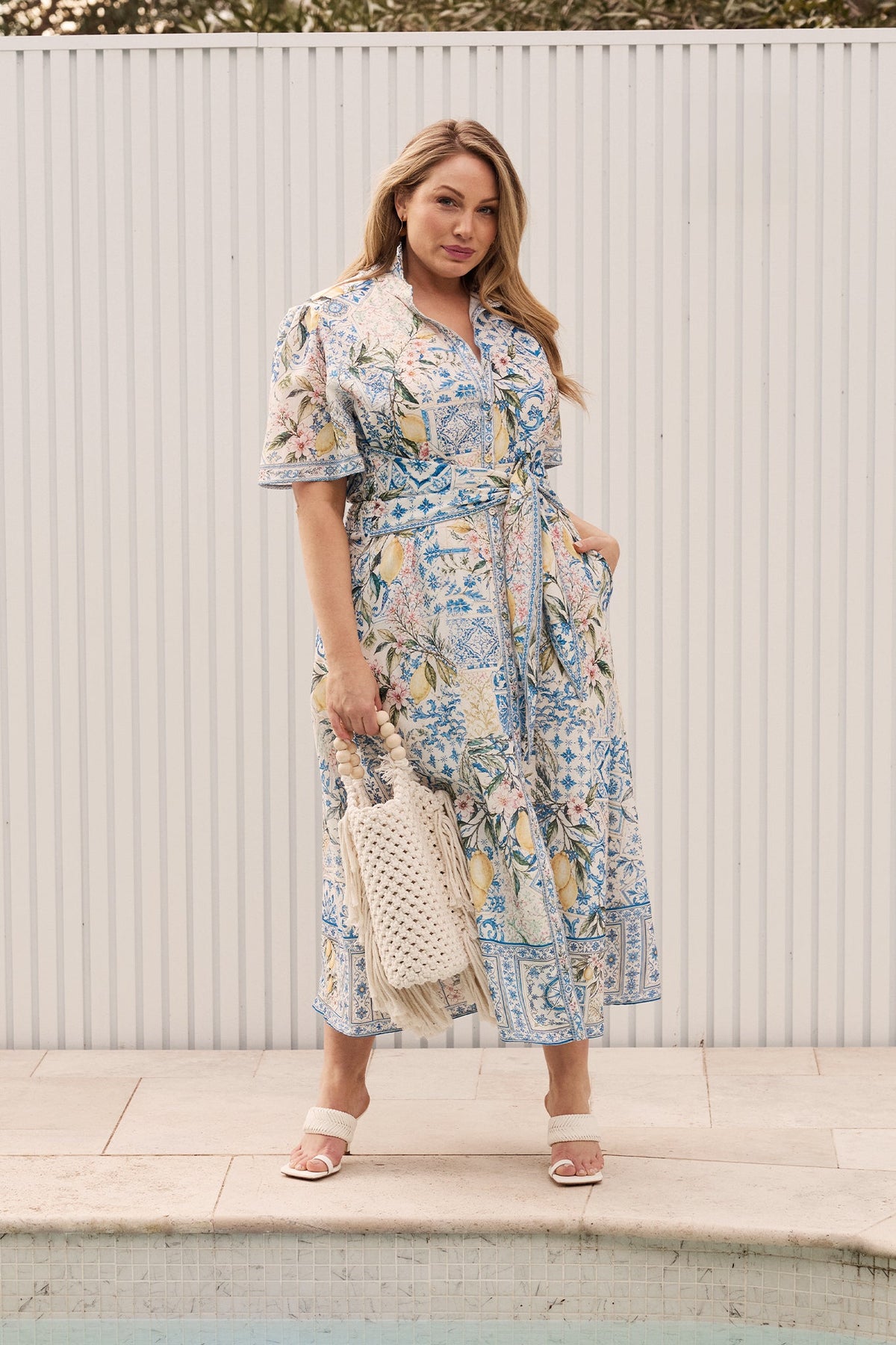 Capri Citrus Maxi Shirt Dress in Blue with Lemon Linen Blend