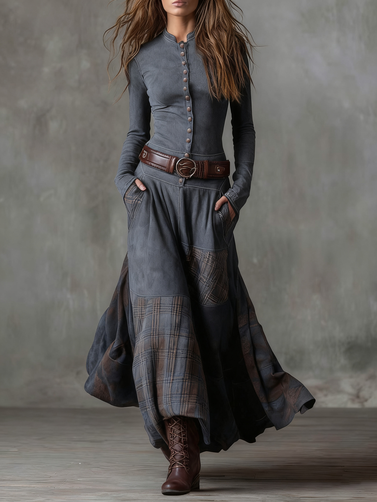 Natasha Vintage Plaid Suede Maxi Dress
