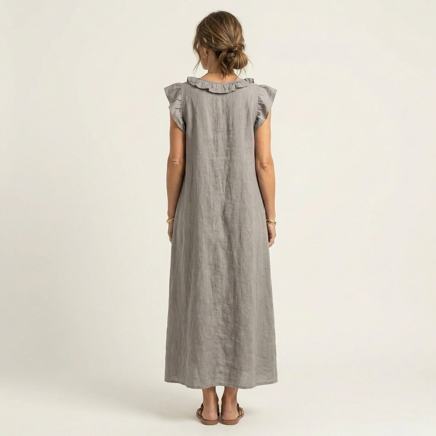 Amina Ruffle V-Neck Linen Maxi Dress