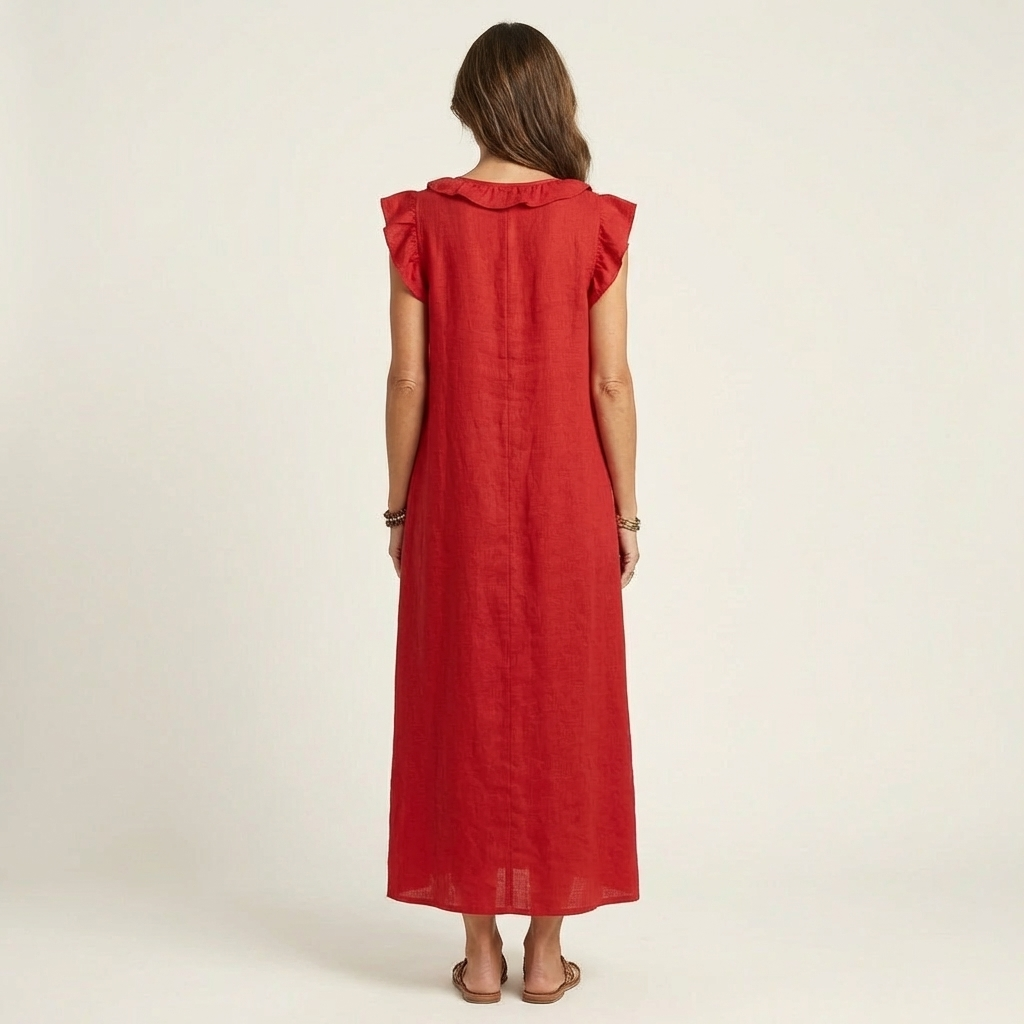 Amina Ruffle V-Neck Linen Maxi Dress
