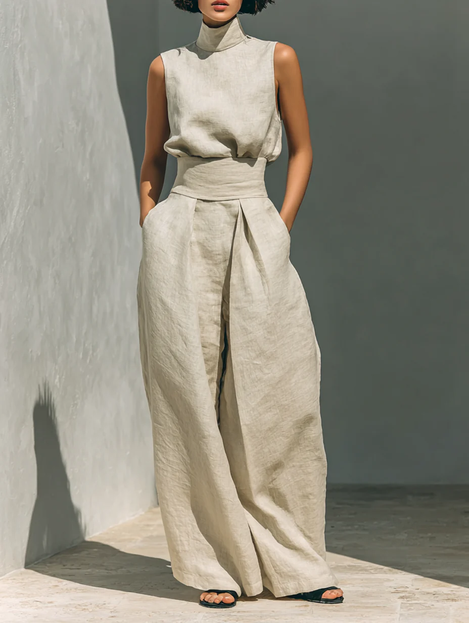 Evanna High-Neck Cotton Trouser Set