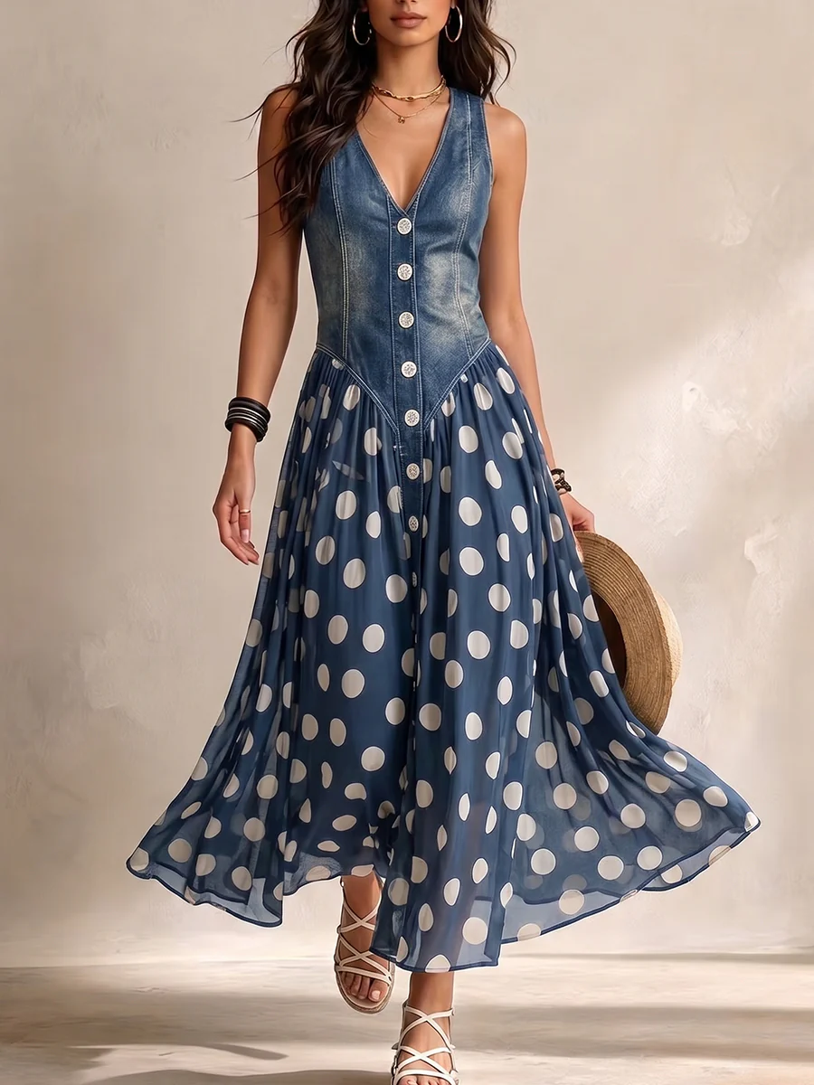Soraya Denim & Chiffon Midi Dress