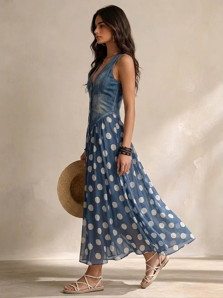 Soraya Denim & Chiffon Midi Dress