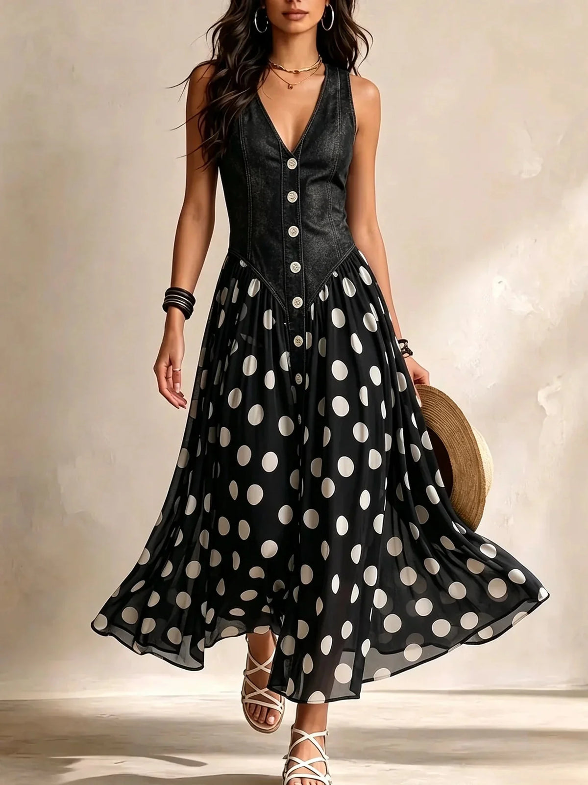Soraya Denim & Chiffon Midi Dress