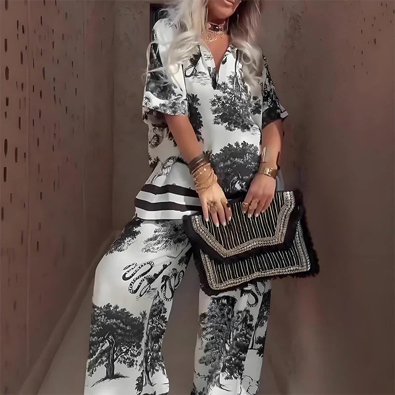 Tasha Printed V-Neck Top & Long Pants Set